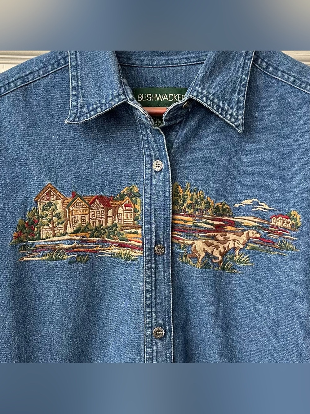 Vintage Bushwacker Scenic Embroidered Denim Shirt Medium EUC Bird Dog Hunting